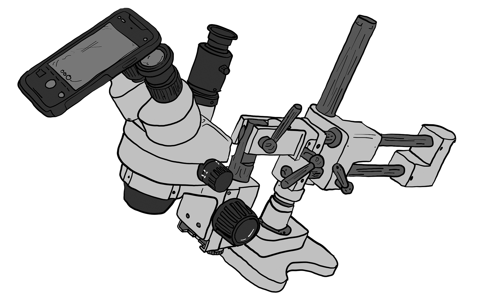 Inspection trinocular microscope showing the position of a smartphone for photography